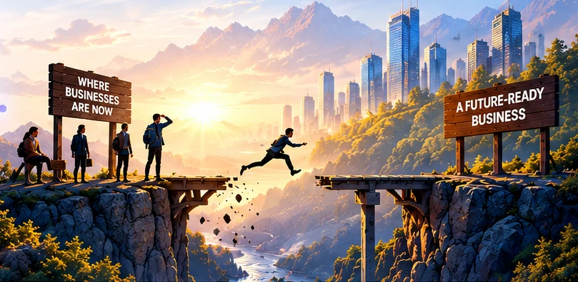Businesspeople stand beside an unfinished bridge. One person leaps across a gap towards a future-ready business, showing that starting with AI is easier than completing the transformation.