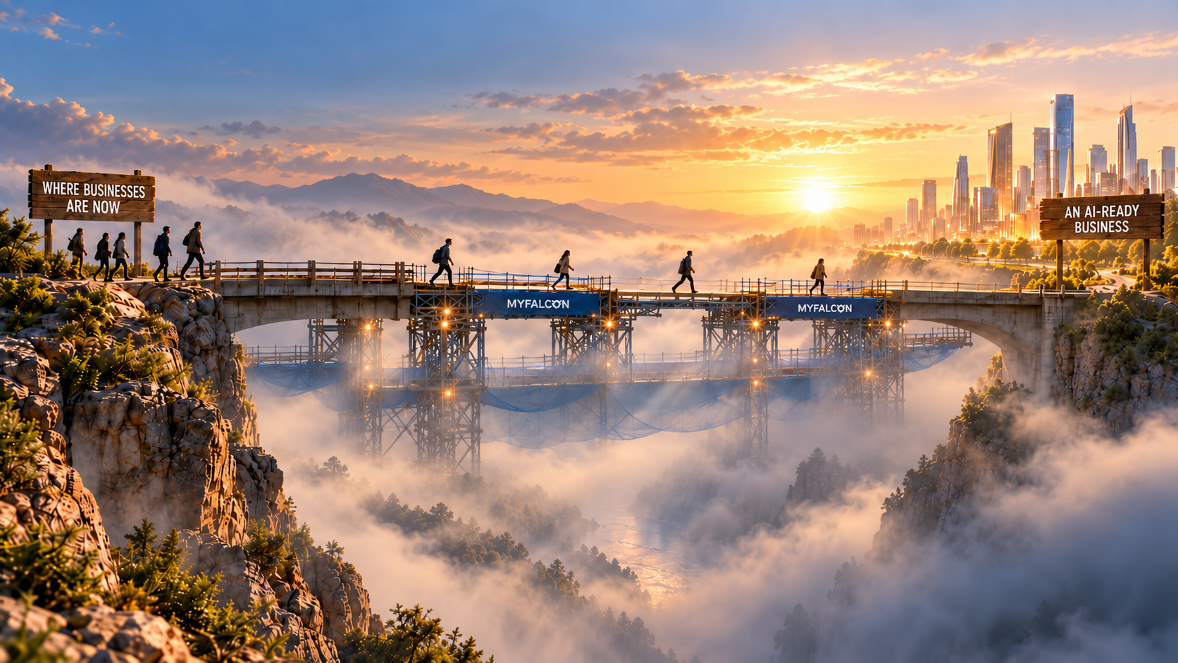 Existing bridge sections are connected by temporary MyFalcon scaffolding and safety nets. People continue crossing above the fog towards an AI-ready business.